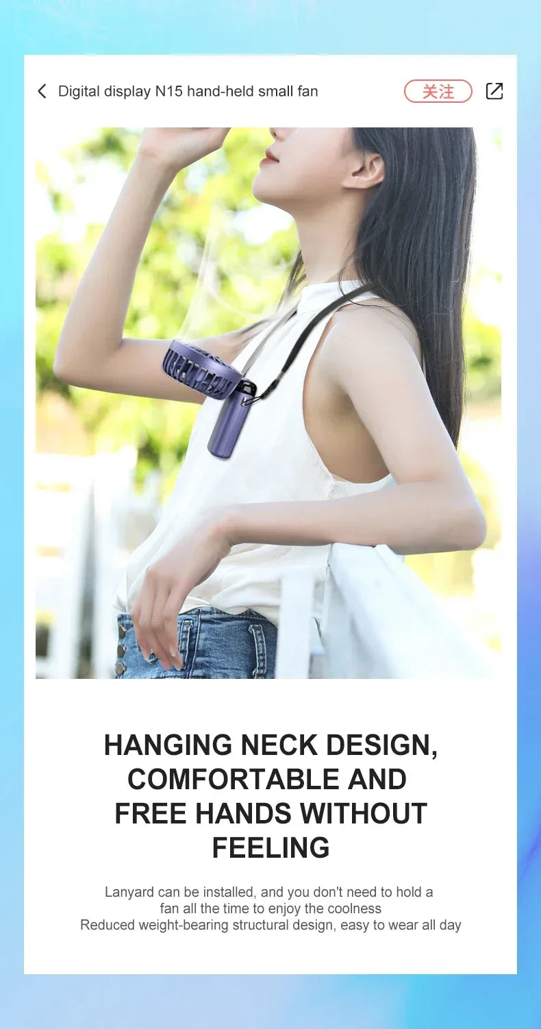5000mAh Handheld Mini Fan – Wireless USB Rechargeable Portable Fan with Digital Display, Phone Holder, 5-Speed Foldable Neck Hanging Fan | Stornfield