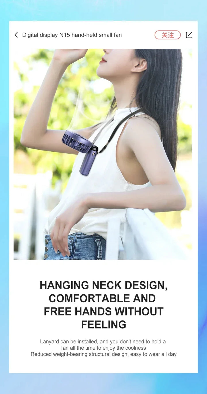 5000mAh Handheld Mini Fan – Wireless USB Rechargeable Portable Fan with Digital Display, Phone Holder, 5-Speed Foldable Neck Hanging Fan | Stornfield