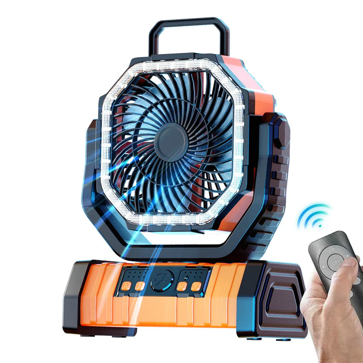 20000mAh Portable Rechargeable Fan — Battery-Operated Desk & Camping Fan with LED Light & Hook for Tent, Car, and Outdoor Trips | Stornfield
