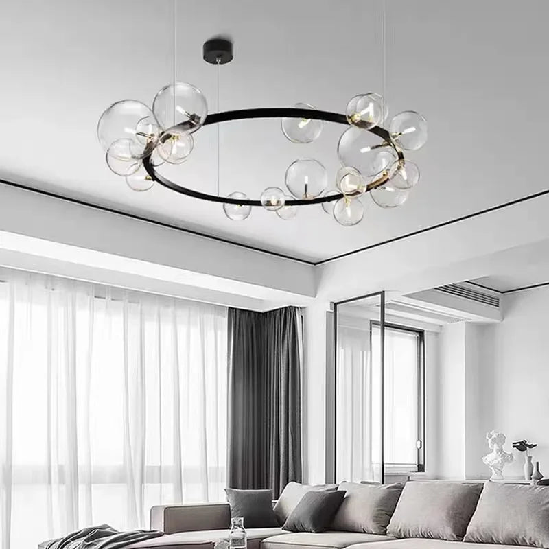 Stornfield | Modern Creative Metallic Chandelier: 7/10 Clear Glass Bubbles, Long Round Design with G9 Lamp