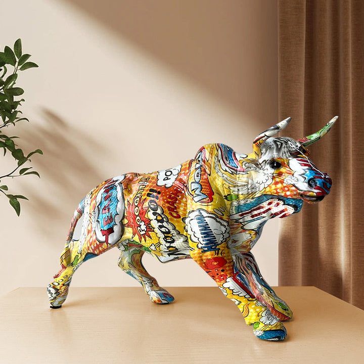 Stornfield | Graffiti-Painted Resin Bull Figurines Home Decor Living Room Bedroom Office Desk Feng Shui Ornaments Collection Statues