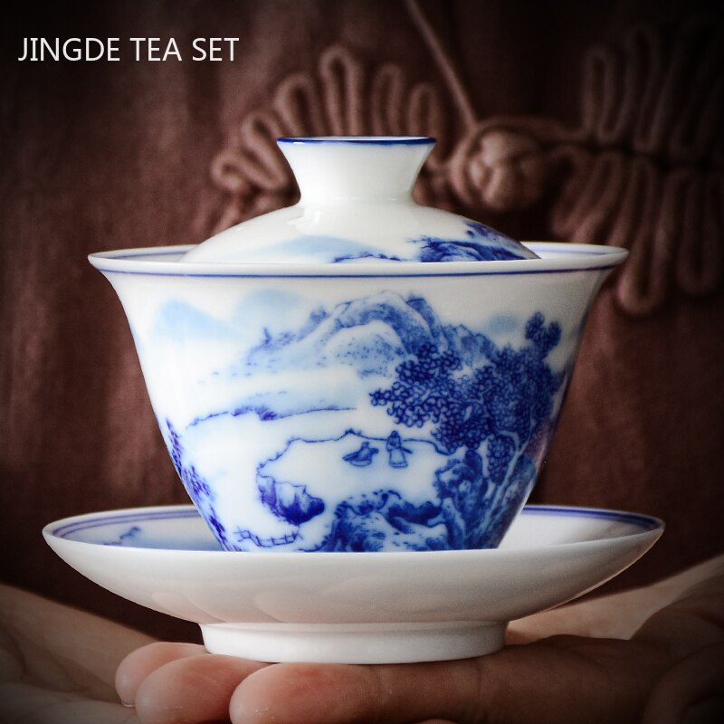 Stornfield | PorceVive Gaiwan Tasse à thé | Porcelaine artisanale avec motif paysage | Service à thé chinois avec couvercle