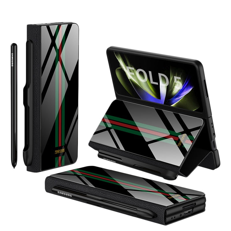 Stornfield | Glass Case with Shockproof Armor, Stand, Leather Pouch for Samsung Galaxy Z Fold 5/4