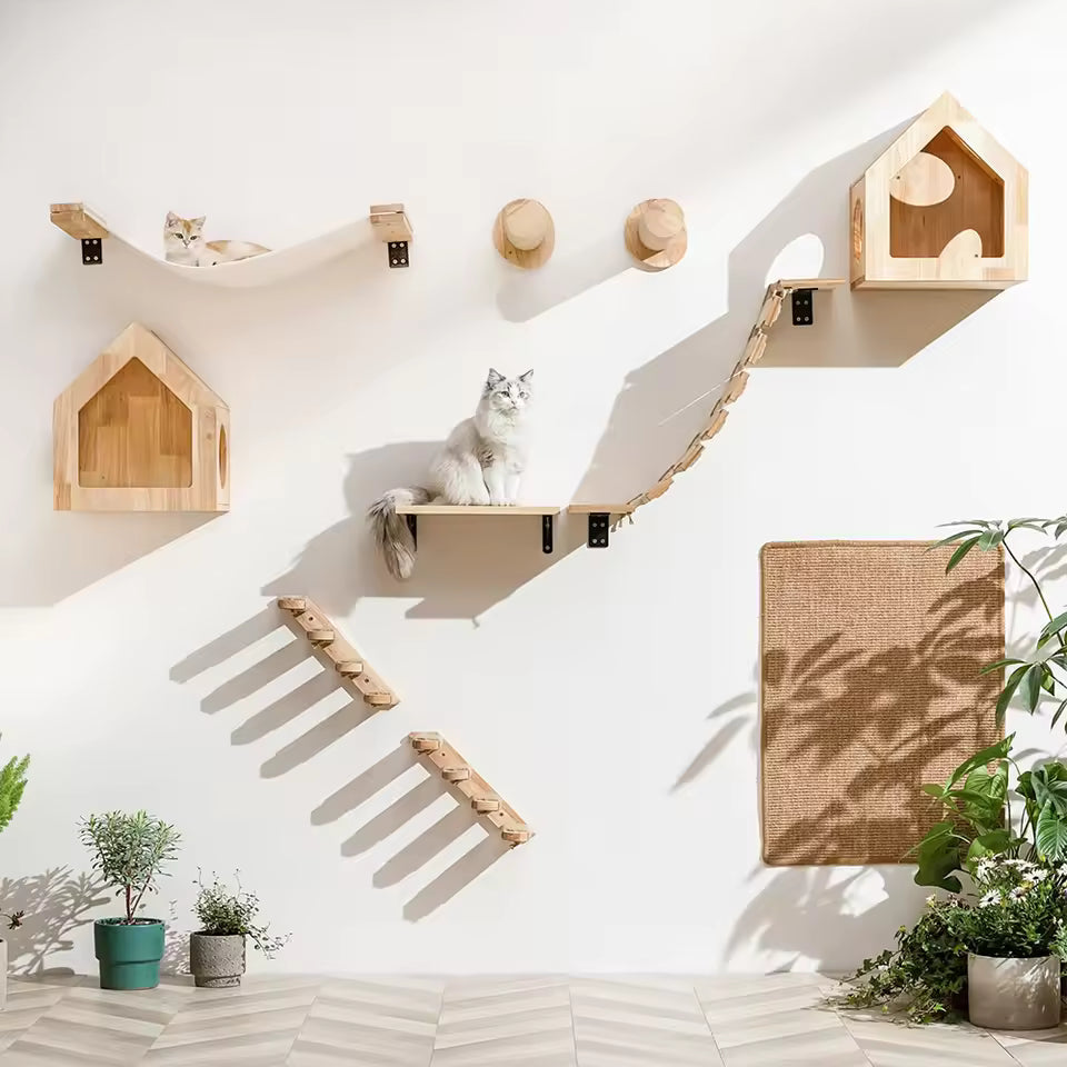 Cat climbing ladder for wall mounting, made of wood with sisal, Stornfield