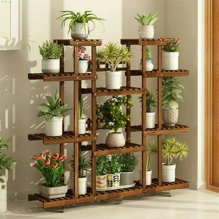 Large 11-tier Wooden Plant Shelf | Carbonized, Wide Flower Stand for Indoor & Outdoor | Stornfield