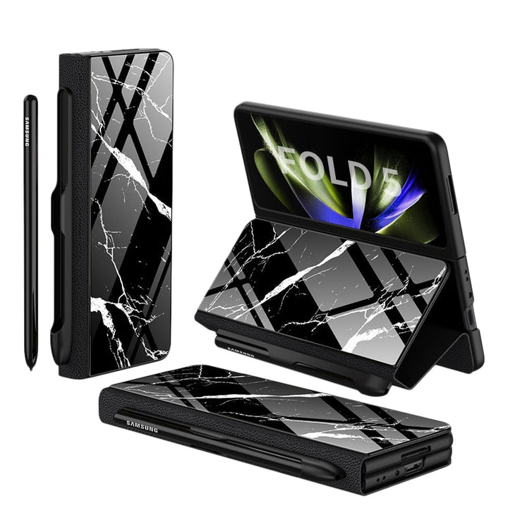 Stornfield | Glass Case with Shockproof Armor, Stand, Leather Pouch for Samsung Galaxy Z Fold 5/4
