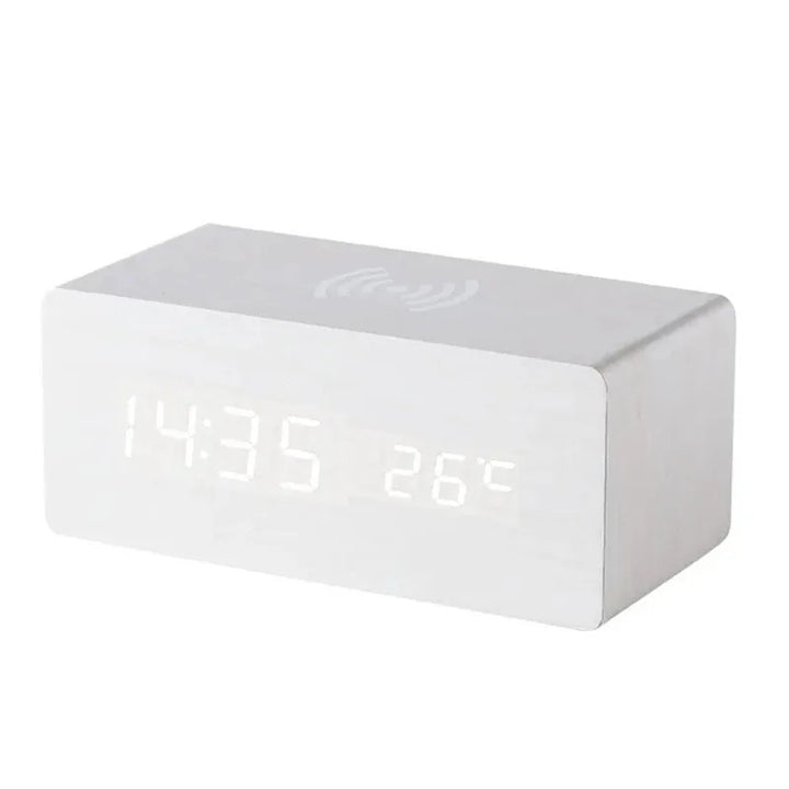 Minimalist LED wooden clock with temperature display, wireless charging function and digital time display – Ideal for bedroom and office | Stornfield