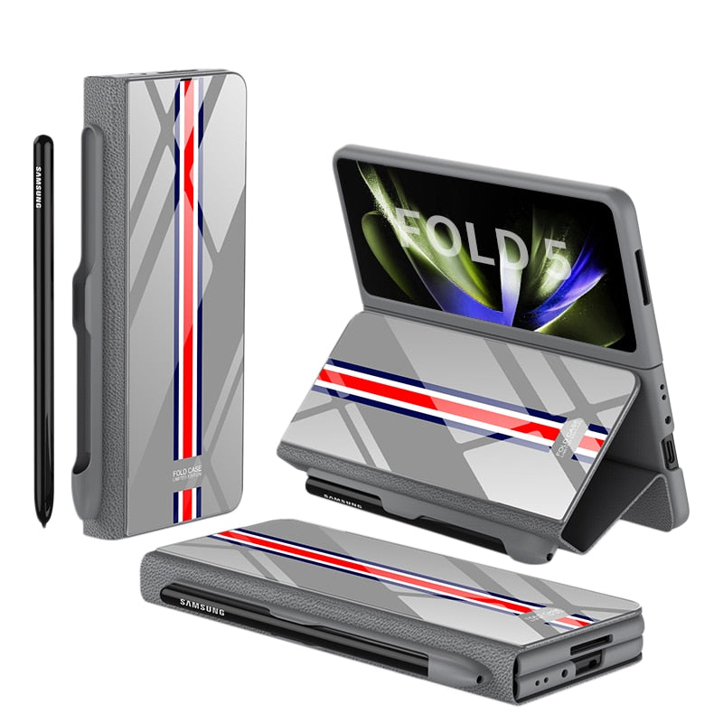 Stornfield | Glass Case with Shockproof Armor, Stand, Leather Pouch for Samsung Galaxy Z Fold 5/4
