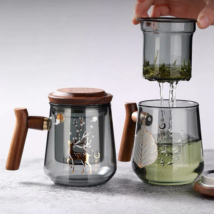 Premium Glass Tea Cup with Filter and Wooden Handle, 470ml | Stornfield