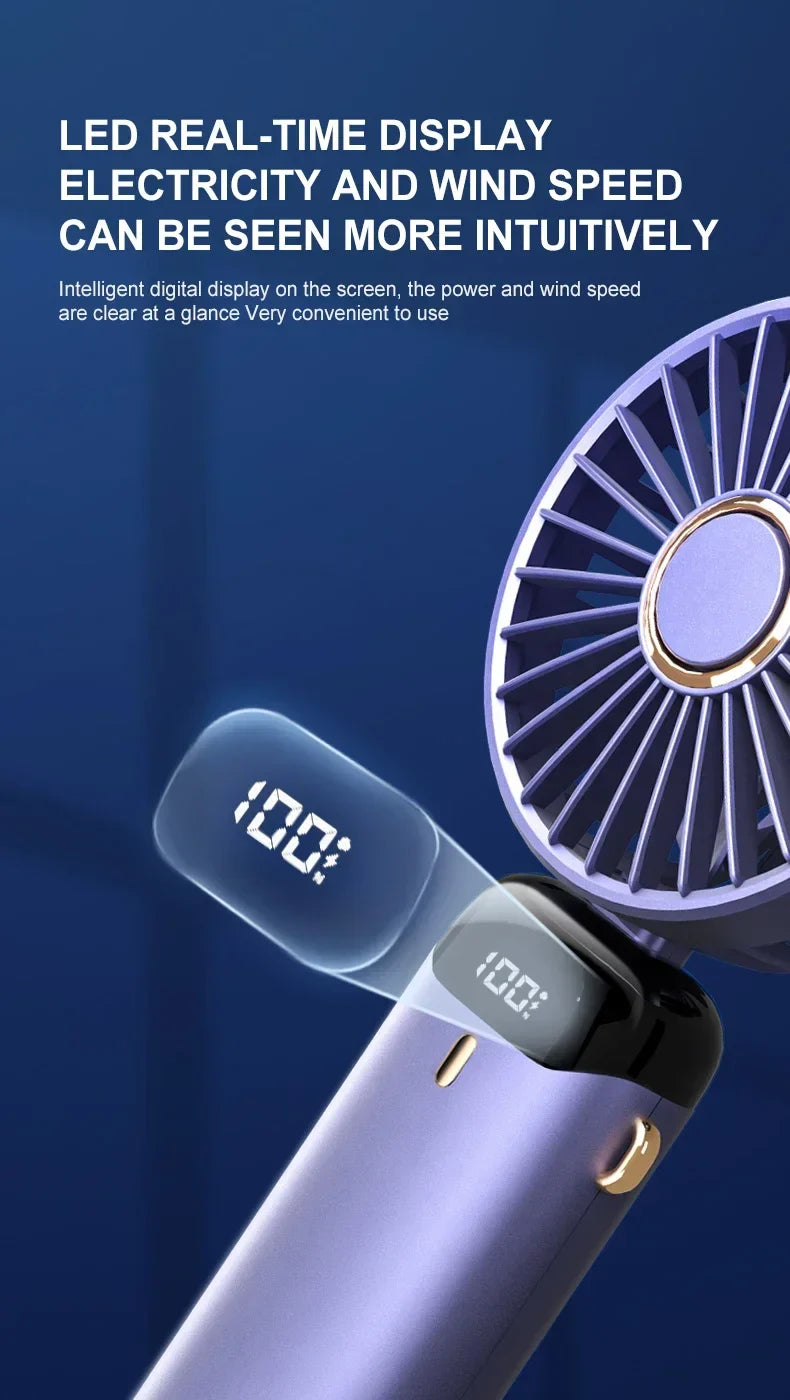 5000mAh Handheld Mini Fan – Wireless USB Rechargeable Portable Fan with Digital Display, Phone Holder, 5-Speed Foldable Neck Hanging Fan | Stornfield
