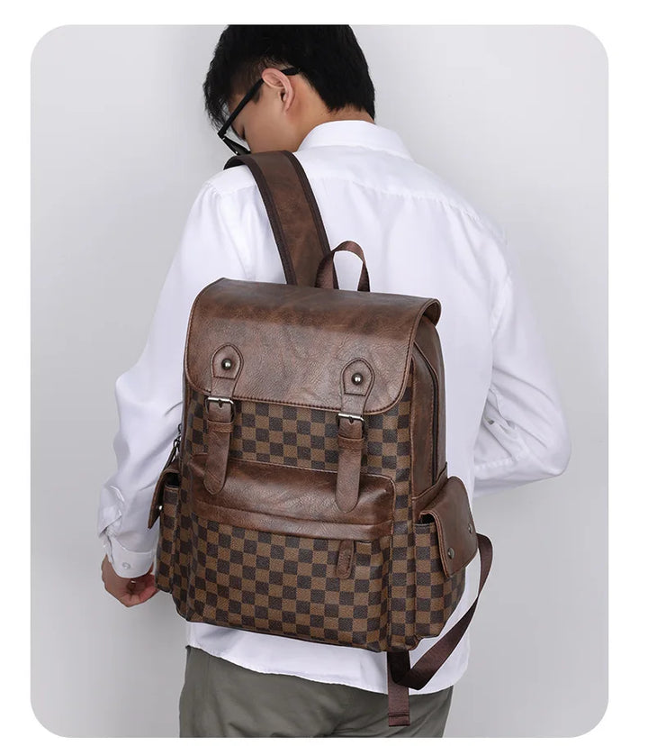 Stornfield | Versatile Trendy Plaid Business Backpack for Men Large Capacity Luxury Brand Design PU Leather Backpack Men's School Backpack