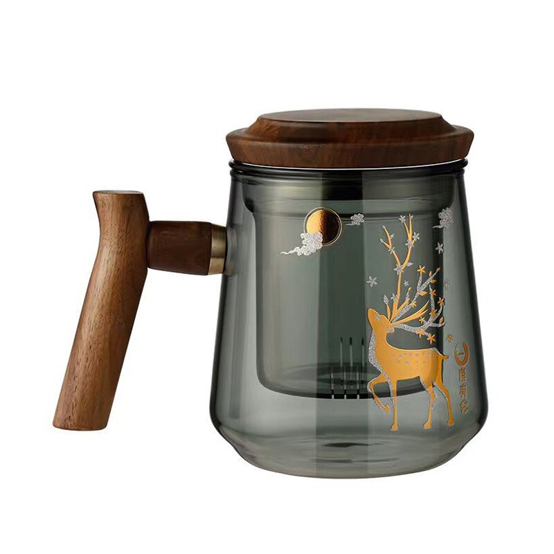 Premium Glass Tea Cup with Filter and Wooden Handle, 470ml | Stornfield