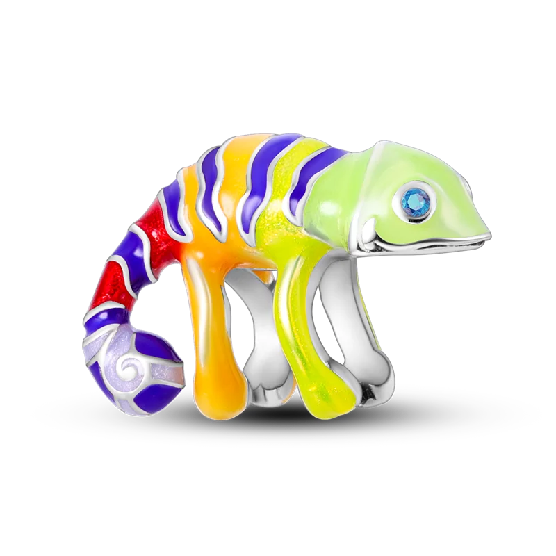 Stornfield | 925 Sterling Silver Charms, Leopard Gold Beads, Colorful Chameleon Rhino Lion Beetle Cat Pendant Compatible with Original Pandora Bracelet Jewelry