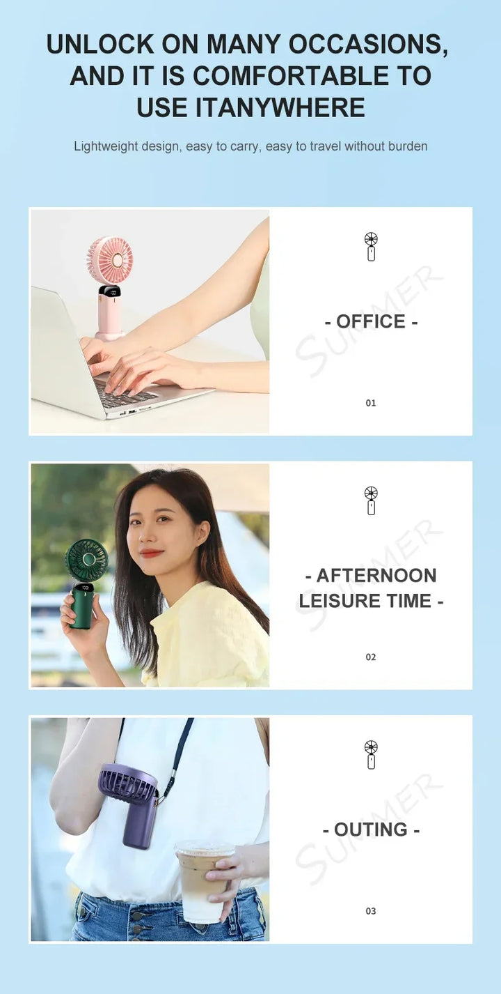5000mAh Handheld Mini Fan – Wireless USB Rechargeable Portable Fan with Digital Display, Phone Holder, 5-Speed Foldable Neck Hanging Fan | Stornfield