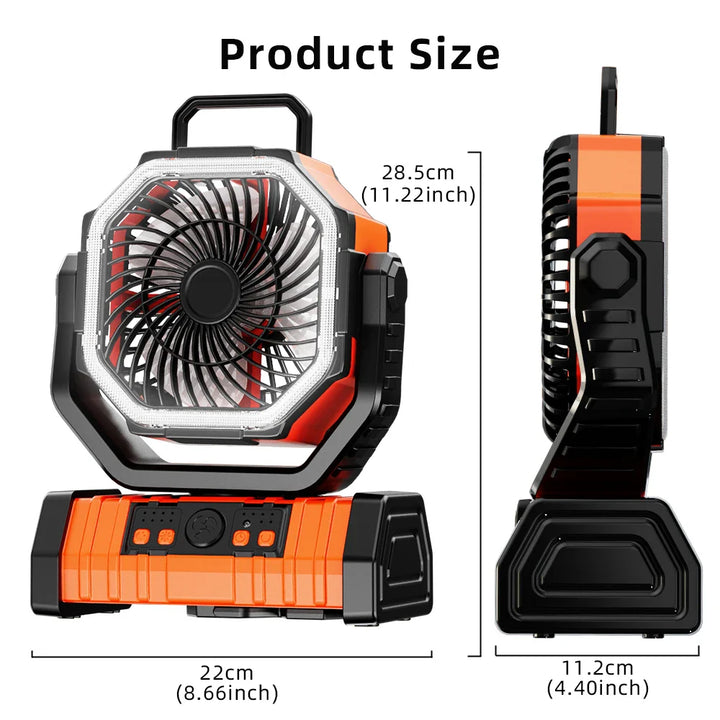 20000mAh Portable Rechargeable Fan — Battery-Operated Desk & Camping Fan with LED Light & Hook for Tent, Car, and Outdoor Trips | Stornfield