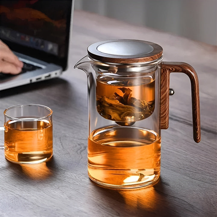 Glass teapot with wooden handle – One-click filter | Perfect for loose tea & Puer | Stornfield