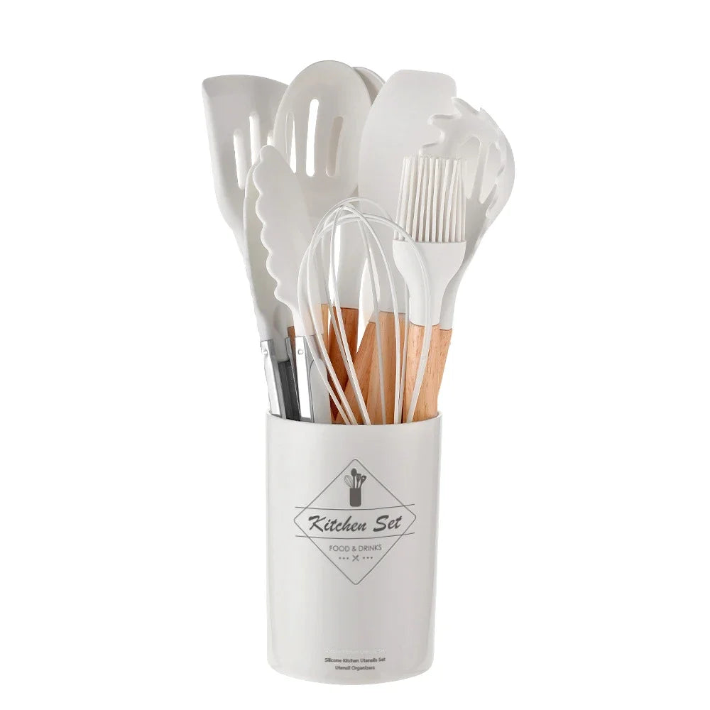 ChefEase – Stornfield 12-Piece Silicone Kitchen Utensil Set with Wooden Handles
