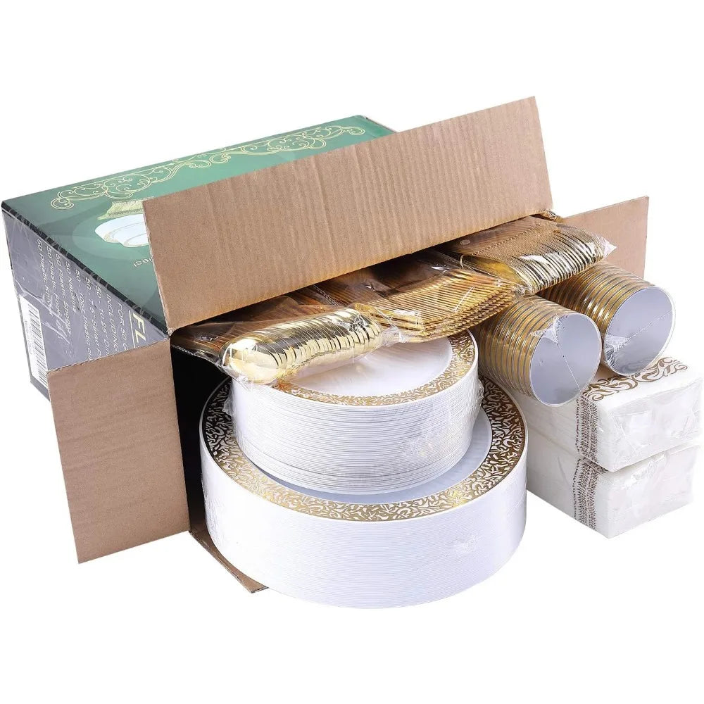 Stornfield | 350pcs Ensemble de vaisselle jetable en dentelle dorée pour 50 invités