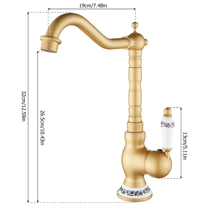 Kitchen Faucet in Antique Brass with Ceramic Handle - 360° Swivel | Stornfield Traditional Design