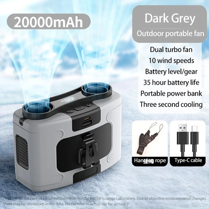 20000mAh Portable Waist Fan – Hanging Neck Fan with Power Bank, Strong Wind, LED Lighting for Sports, Courier, Outdoor Work | Stornfield