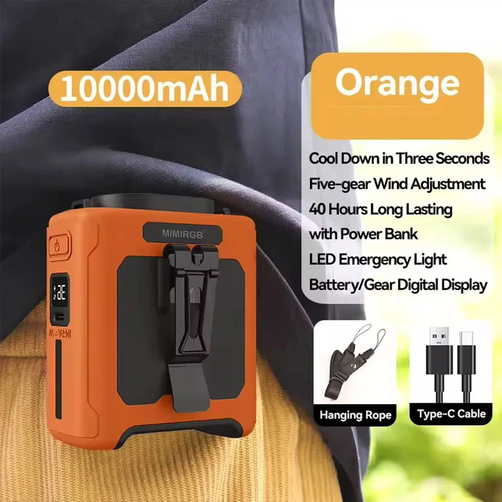 10000mAh Waist Clip Fan with Power Bank – Portable Hands-Free Rechargeable Fan | 5-Speed Cooling, Battery Display, USB Charging, Outdoor Wearable Fan | Stornfield