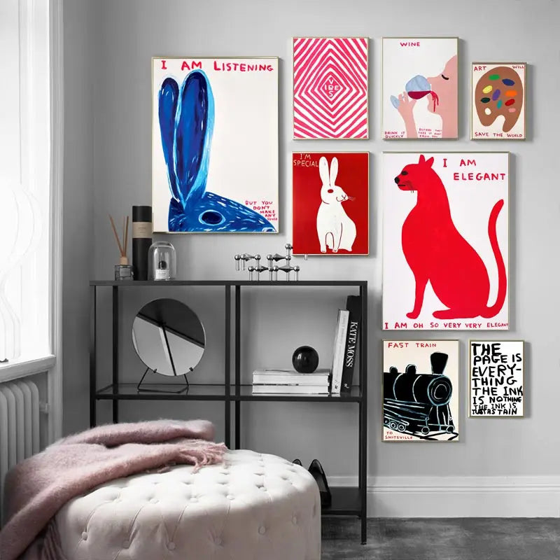 Stornfield | David Shrigley Rabbit Cat Wine Biscuit Train Wall Art Abstract Prints Canvas Painting Nordic Poster Pictures Living Room Decor