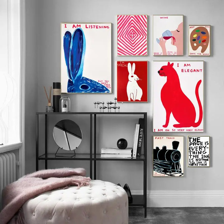 Stornfield | David Shrigley Rabbit Cat Wine Biscuit Train Wall Art Abstract Prints Canvas Painting Nordic Poster Pictures Living Room Decor