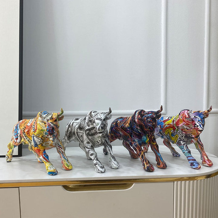 Stornfield | Graffiti-Painted Resin Bull Figurines Home Decor Living Room Bedroom Office Desk Feng Shui Ornaments Collection Statues