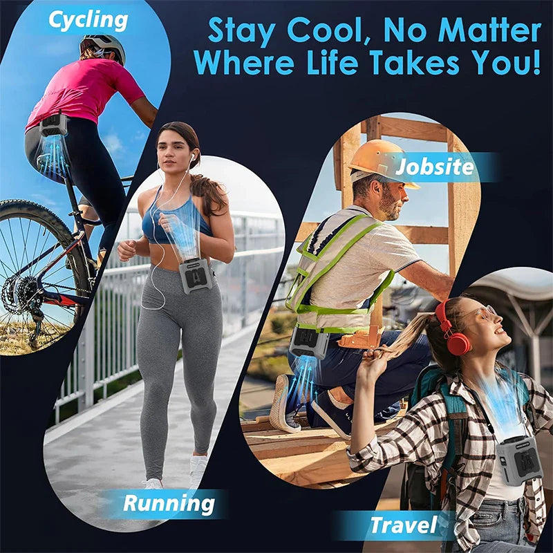 10000mAh Waist Clip Fan with Power Bank – Portable Hands-Free Rechargeable Fan | 5-Speed Cooling, Battery Display, USB Charging, Outdoor Wearable Fan | Stornfield