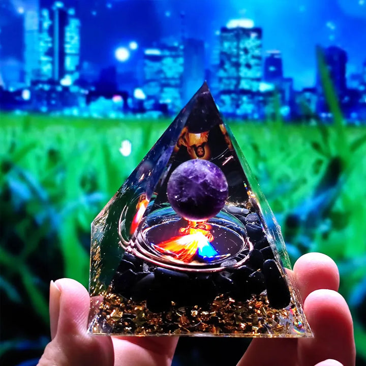 Orgonite Pyramid with Amethyst Pendulum – Energy, Protection and Decoration | Stornfield