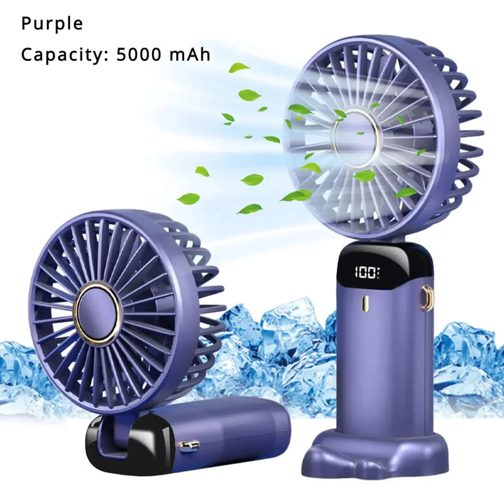 5000mAh Handheld Mini Fan – Wireless USB Rechargeable Portable Fan with Digital Display, Phone Holder, 5-Speed Foldable Neck Hanging Fan | Stornfield