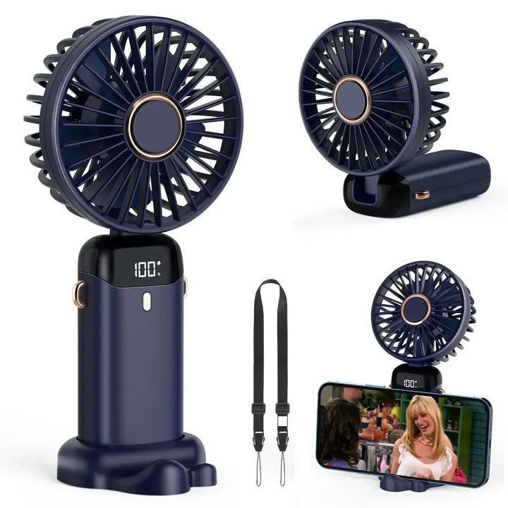 5000mAh Handheld Mini Fan – Wireless USB Rechargeable Portable Fan with Digital Display, Phone Holder, 5-Speed Foldable Neck Hanging Fan | Stornfield