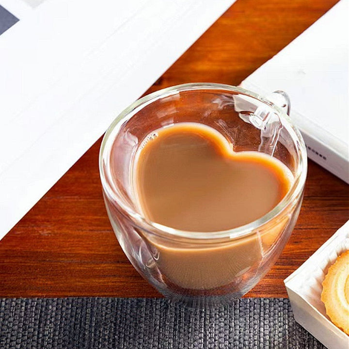 Stornfield | Heart Shaped Glass Mug Double Wall Insulated Coffee Mugs Tea Cup Milk Lemon Juice Water Heat Resistant Drinkware Gift for Lovers