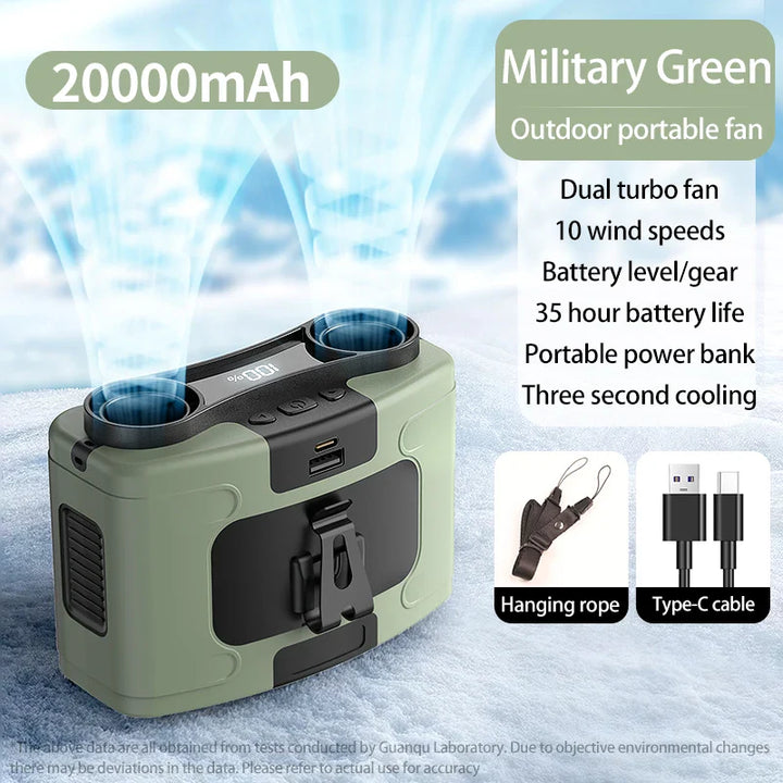 20000mAh Portable Waist Fan – Hanging Neck Fan with Power Bank, Strong Wind, LED Lighting for Sports, Courier, Outdoor Work | Stornfield