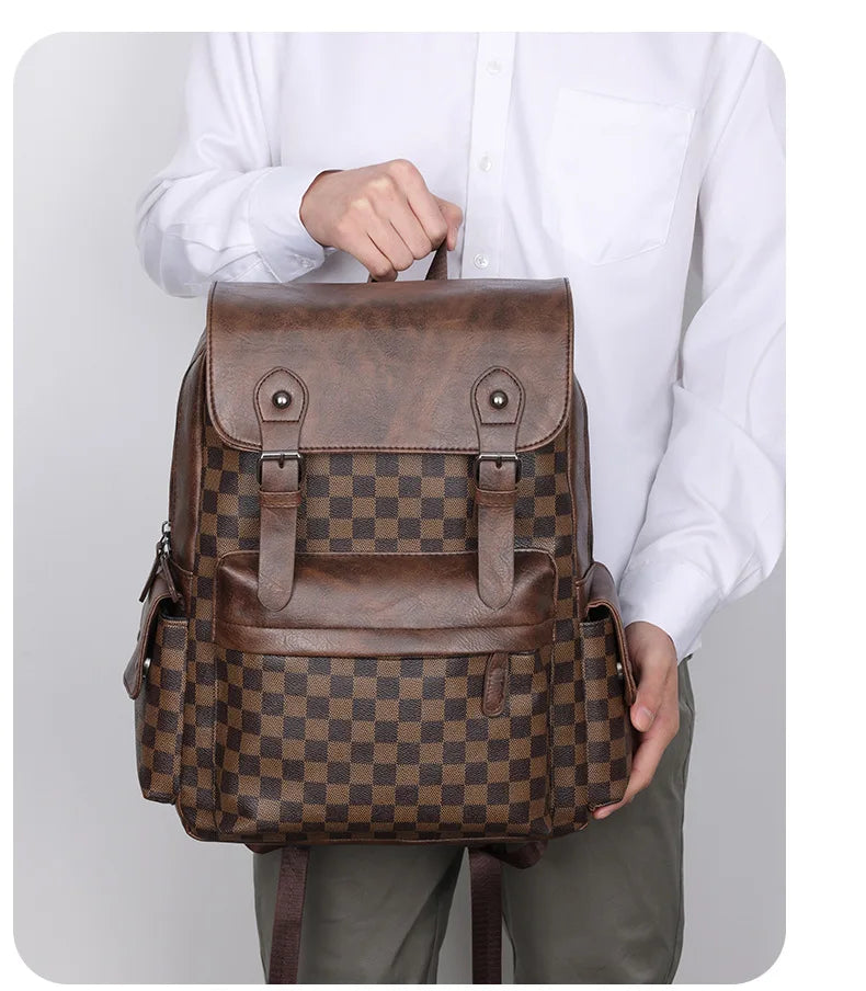 Stornfield | Versatile Trendy Plaid Business Backpack for Men Large Capacity Luxury Brand Design PU Leather Backpack Men's School Backpack