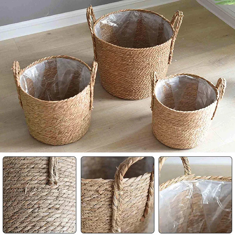 Stornfield | Nordic Extra Large Straw Pouch Flower Pot Storage Basket Seaweed Green Plant Potted Hand-Woven Flower Basket Floor Indoor Flower Pot