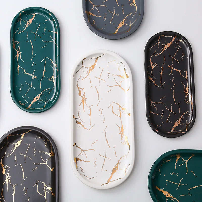 Stornfield | Nordic Marbled Ceramic Oval Tray for Jewelry, Accessory Storage, Soap Holder, Golden Wave, Bathroom Cup, Bath Decoration