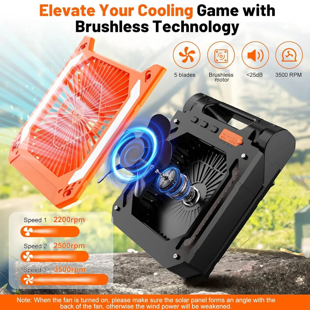 20000mAh Portable Electric Fan with LED Light — USB, Solar & Car Charging for Camping | Stornfield