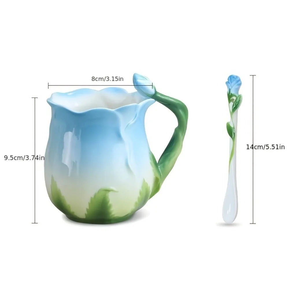 Stornfield | Pink 3D Flower Ceramic Mug Cute Aesthetic Coffee Cups Water Mugs with Spoon Summer Winter Drinkware Valentine's Day Gifts