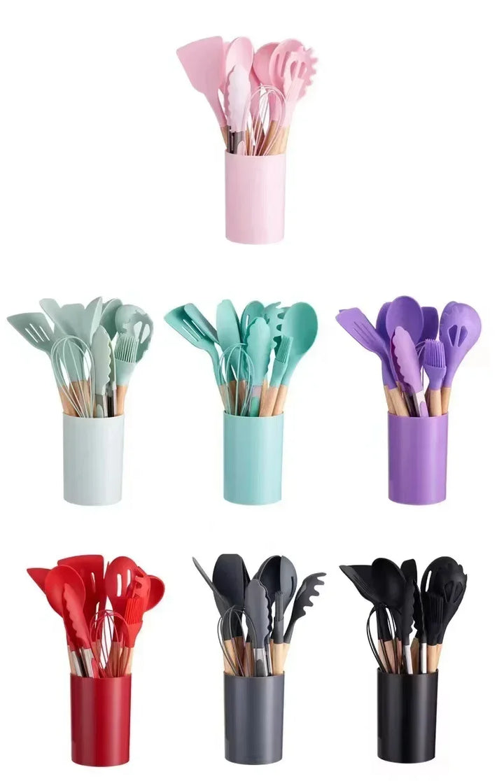 ChefEase – Stornfield 12-Piece Silicone Kitchen Utensil Set with Wooden Handles