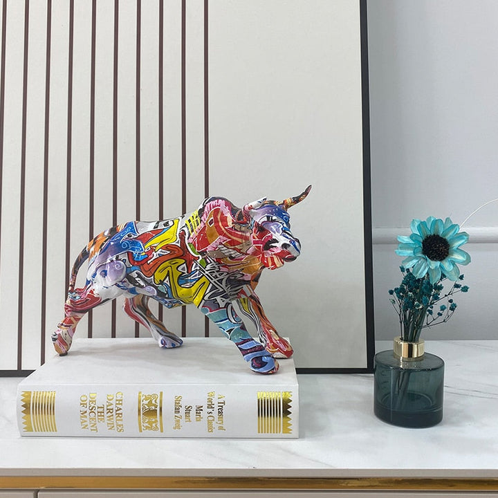 Stornfield | Graffiti-Painted Resin Bull Figurines Home Decor Living Room Bedroom Office Desk Feng Shui Ornaments Collection Statues