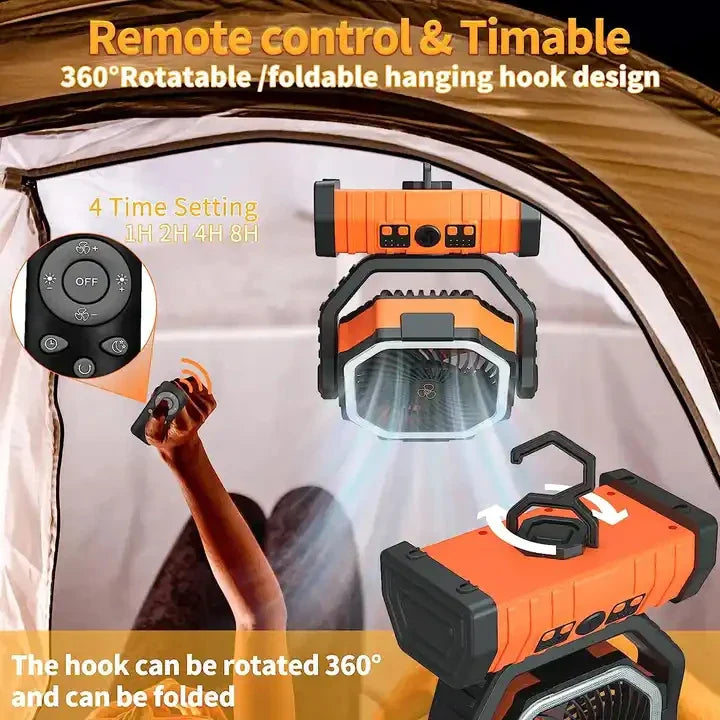 20000mAh Portable Rechargeable Fan — Battery-Operated Desk & Camping Fan with LED Light & Hook for Tent, Car, and Outdoor Trips | Stornfield