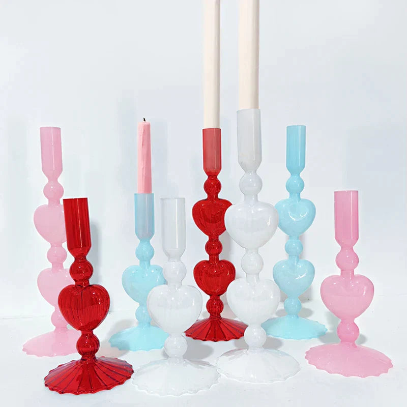 Stornfield | Retro Red Heart Candlestick Glass Candle Holder Wedding Table Decoration Home Party Glass Vase Decor