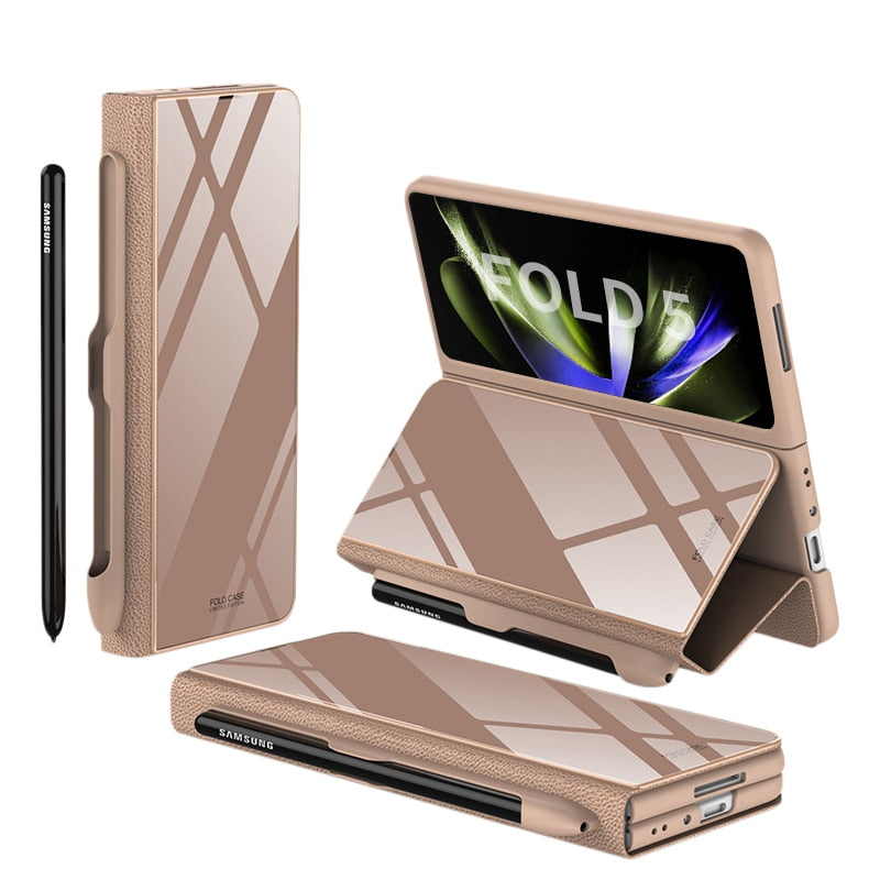 Stornfield | Glass Case with Shockproof Armor, Stand, Leather Pouch for Samsung Galaxy Z Fold 5/4