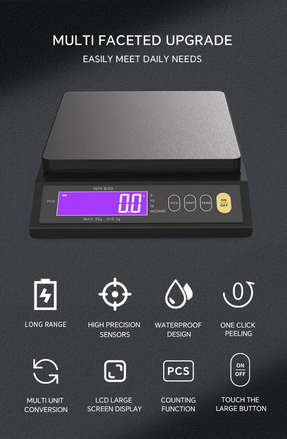Stornfield | 5 kg/0.1 g and 10 kg/1 g digital electronic kitchen scale, LCD display, fully waterproof stainless steel weighing tool for baking