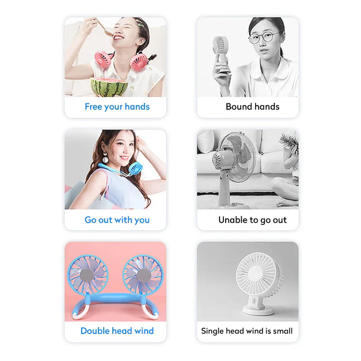 USB Portable Hands-Free Neck Fan - Rechargeable Mini Sports Fan, 3-Speed Adjustable Dual Fan for Home Office & Outdoor Use | Stornfield