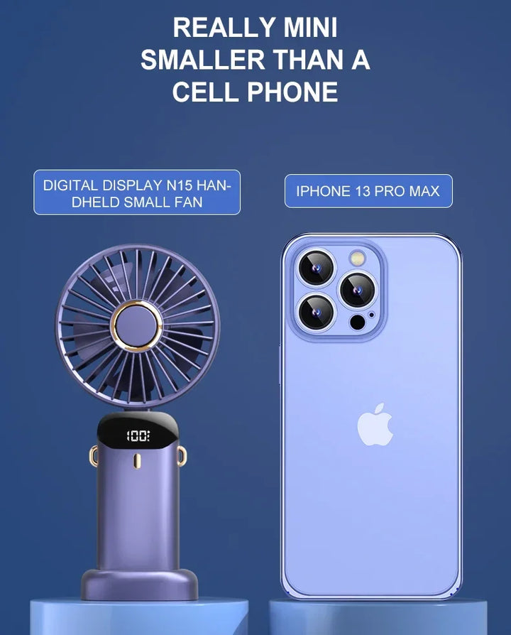 5000mAh Handheld Mini Fan – Wireless USB Rechargeable Portable Fan with Digital Display, Phone Holder, 5-Speed Foldable Neck Hanging Fan | Stornfield