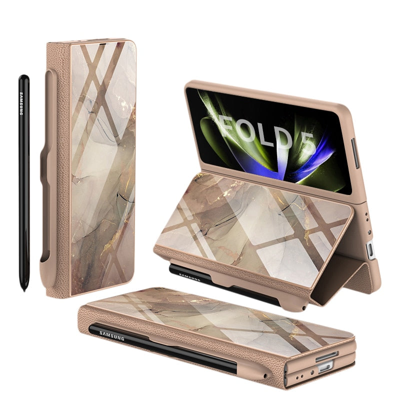Stornfield | Glass Case with Shockproof Armor, Stand, Leather Pouch for Samsung Galaxy Z Fold 5/4