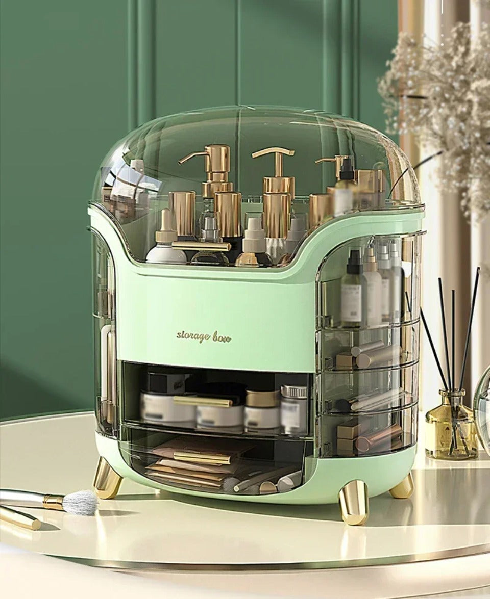 Luxury Transparent Makeup Organizer with Rotating Doors and Drawers | Stornfield