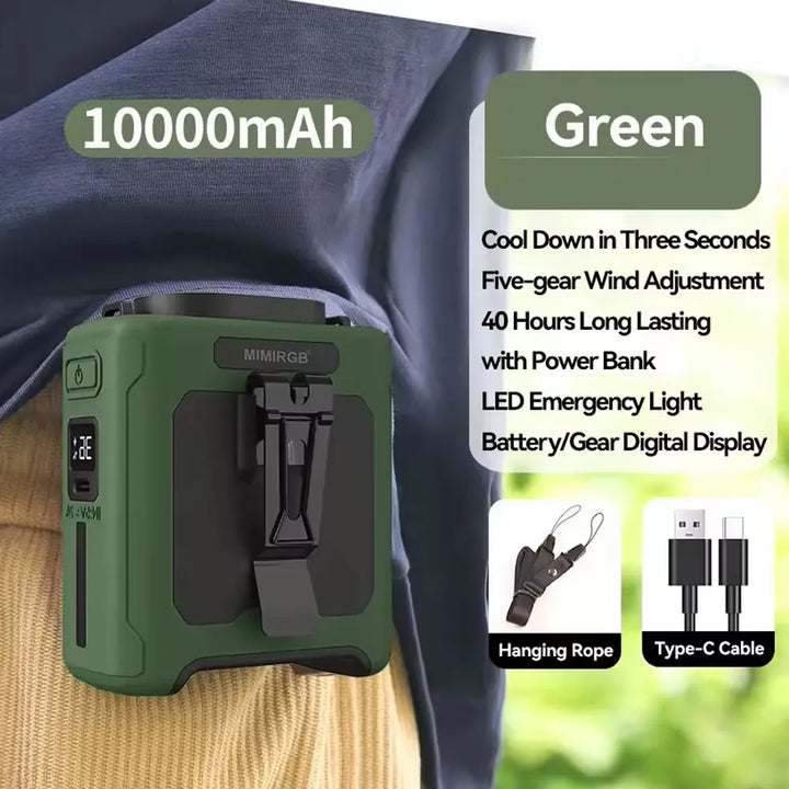 10000mAh Waist Clip Fan with Power Bank – Portable Hands-Free Rechargeable Fan | 5-Speed Cooling, Battery Display, USB Charging, Outdoor Wearable Fan | Stornfield